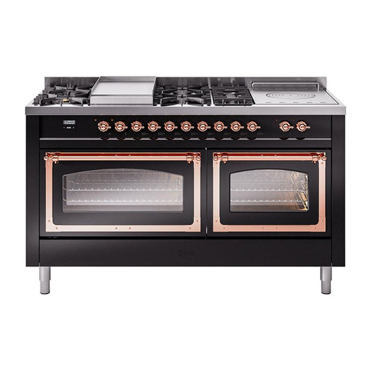 Ilve UN60FSNMPBKP Ilve Un60Fsnmpbkp Nostalgie Ii Noblesse 60" Dual Fuel Range (7 Sealed Burners + Griddle + French Top, Natural Gas, Triple Glass Door, Glossy Black, Copper)