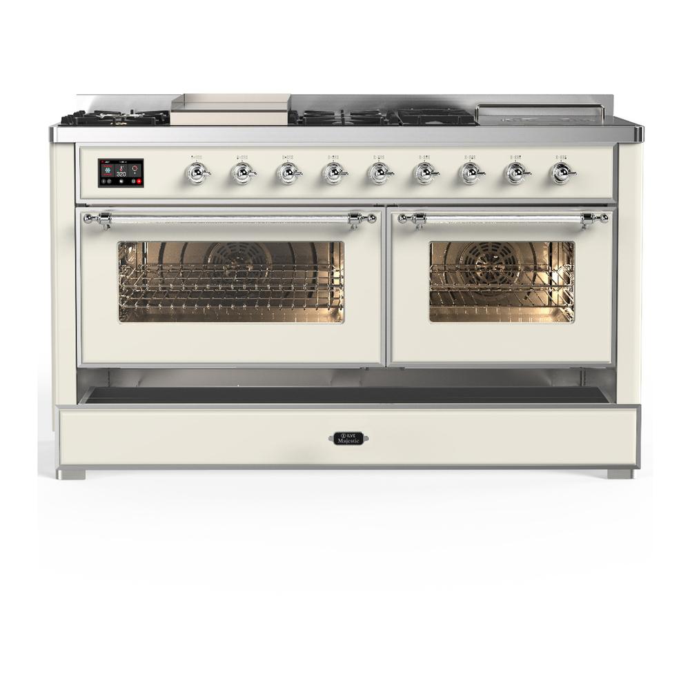 Ilve UM60FSNR3AWC Ilve Um60Fsnr3Awc Majestic Iii 60 Inch Dual Fuel Range With 7 Burners, Griddle And French Top, Dual Function Burner With Up To 25,000 Btu (Natural Gas, Triple Glass Door, Antique White, Chrome)