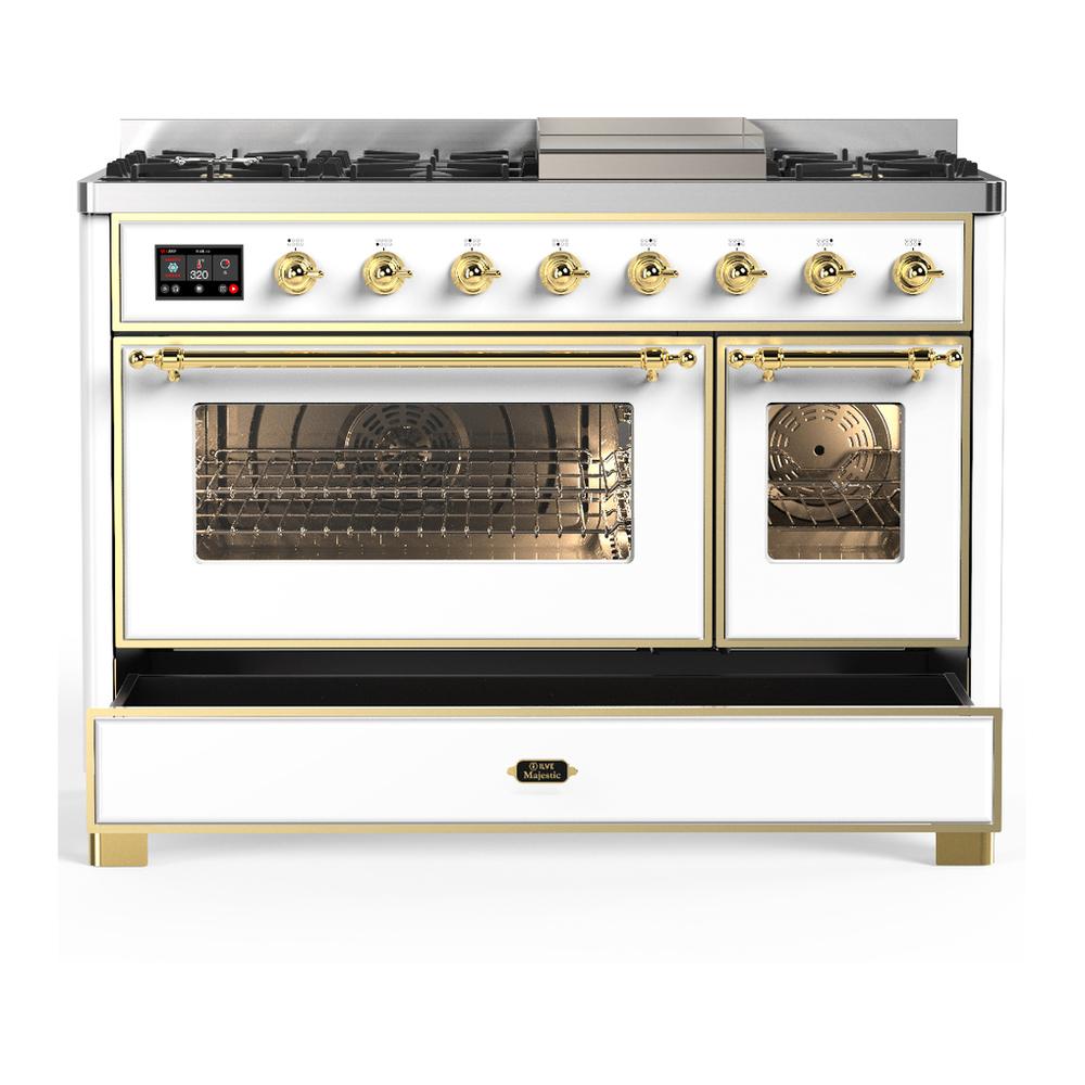 Ilve UM48FNR3WHGLP Ilve Um48Fnr3Whglp Majestic Iii 48 Inch Dual Fuel Range With 8 Burners And Griddle, Dual Function Burner Up To 25,000 Btu (Liquid Propane, Triple Glass Door, White, Brass)