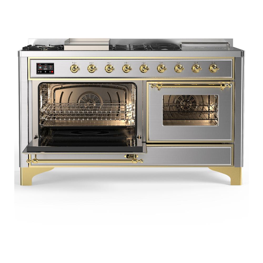 Ilve UM60FSNR3SSGLP Ilve Um60Fsnr3Ssglp Majestic Iii 60 Inch Dual Fuel Range With 7 Burners, Griddle And French Top, Dual Function Burner With Up To 25,000 Btu (Liquid Propane, Triple Glass Door, Stainless Steel, Brass)