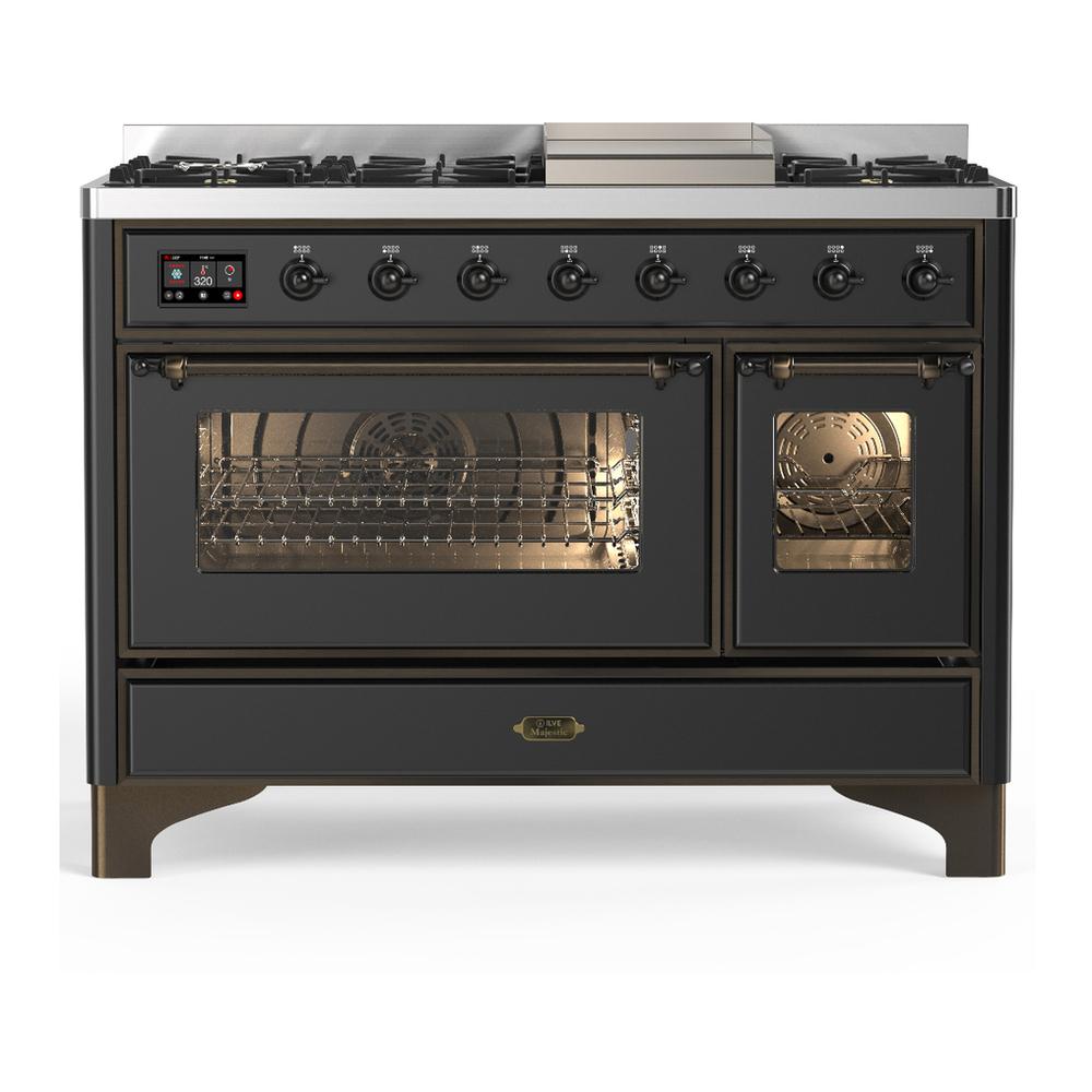 Ilve UM48FNR3MGB Ilve Um48Fnr3Mgb Majestic Iii 48 Inch Dual Fuel Range With 8 Burners And Griddle, Dual Function Burner Up To 25,000 Btu (Natural Gas, Triple Glass Door, Graphite Matte, Burnished)