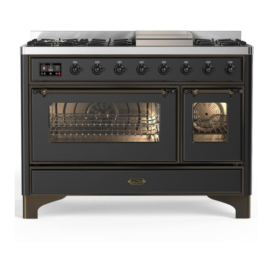 Ilve UM48FNR3MGB Ilve Um48Fnr3Mgb Majestic Iii 48 Inch Dual Fuel Range With 8 Burners And Griddle, Dual Function Burner Up To 25,000 Btu (Natural Gas, Triple Glass Door, Graphite Matte, Burnished)