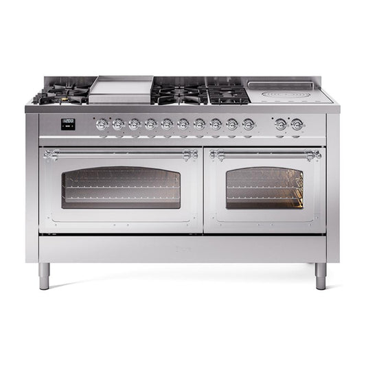 Ilve UN60FSNMPSSCLP Ilve Un60Fsnmpssclp Nostalgie Ii Noblesse 60" Dual Fuel Range (7 Sealed Burners + Griddle + French Top, Liquid Propane, Triple Glass Door, Stainless Steel, Chrome)