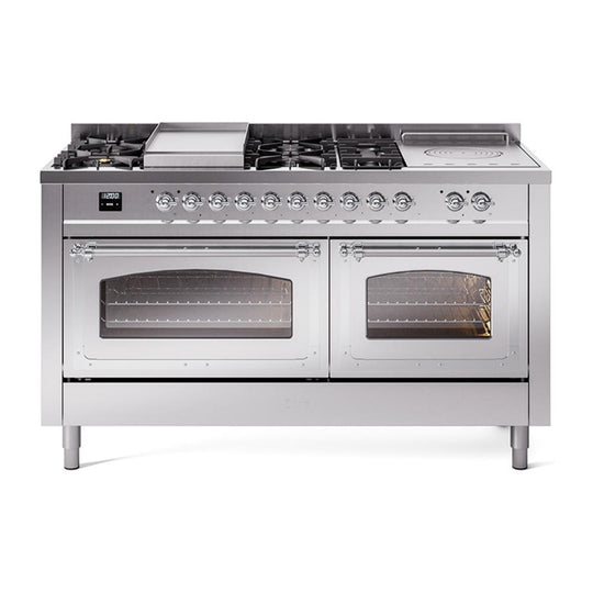 Ilve UN60FSNMPSSCLP Ilve Un60Fsnmpssclp Nostalgie Ii Noblesse 60" Dual Fuel Range (7 Sealed Burners + Griddle + French Top, Liquid Propane, Triple Glass Door, Stainless Steel, Chrome)