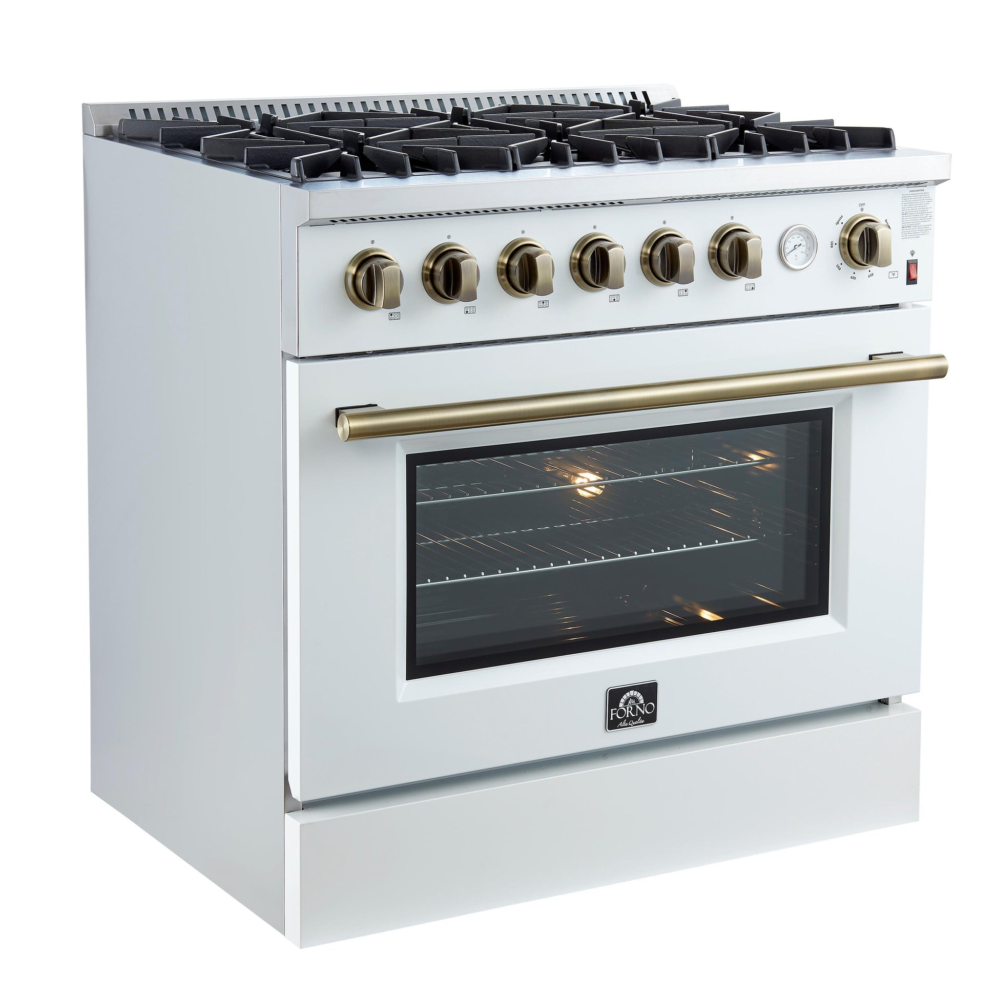 Forno FFSGS627736WHT Marco 36-Inch Gas Range White & Antique Brass Design, 6 Burners 67,000 Btu, 5.36 Cu.Ft. Convection Oven