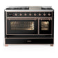 Ilve UM48FNR3BKPLP Ilve Um48Fnr3Bkplp Majestic Iii 48 Inch Dual Fuel Range With 8 Burners And Griddle, Dual Function Burner Up To 25,000 Btu (Liquid Propane, Triple Glass Door, Glossy Black, Copper)