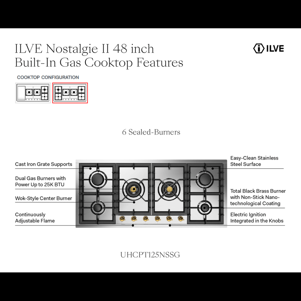 Ilve UHCPT125NSSGLP Ilve Uhcpt125Nssglp Nostalgie Ii 48 Inch Built-In Gas Cooktop With Total Black Brass Burners, In Stainless Steel (6 Sealed Burners, Liquid Propane, Brass)