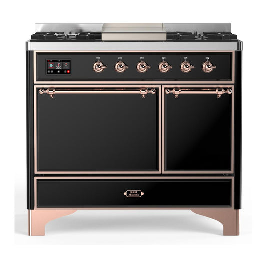 Ilve UMD40FQNR3BKPLP Ilve Umd40Fqnr3Bkplp Majestic Iii 40 Inch Dual Fuel Range With 6 Burners And Griddle, Dual Function Burner Up To 25,000 Btu (Liquid Propane, Solid Door, Glossy Black, Copper)