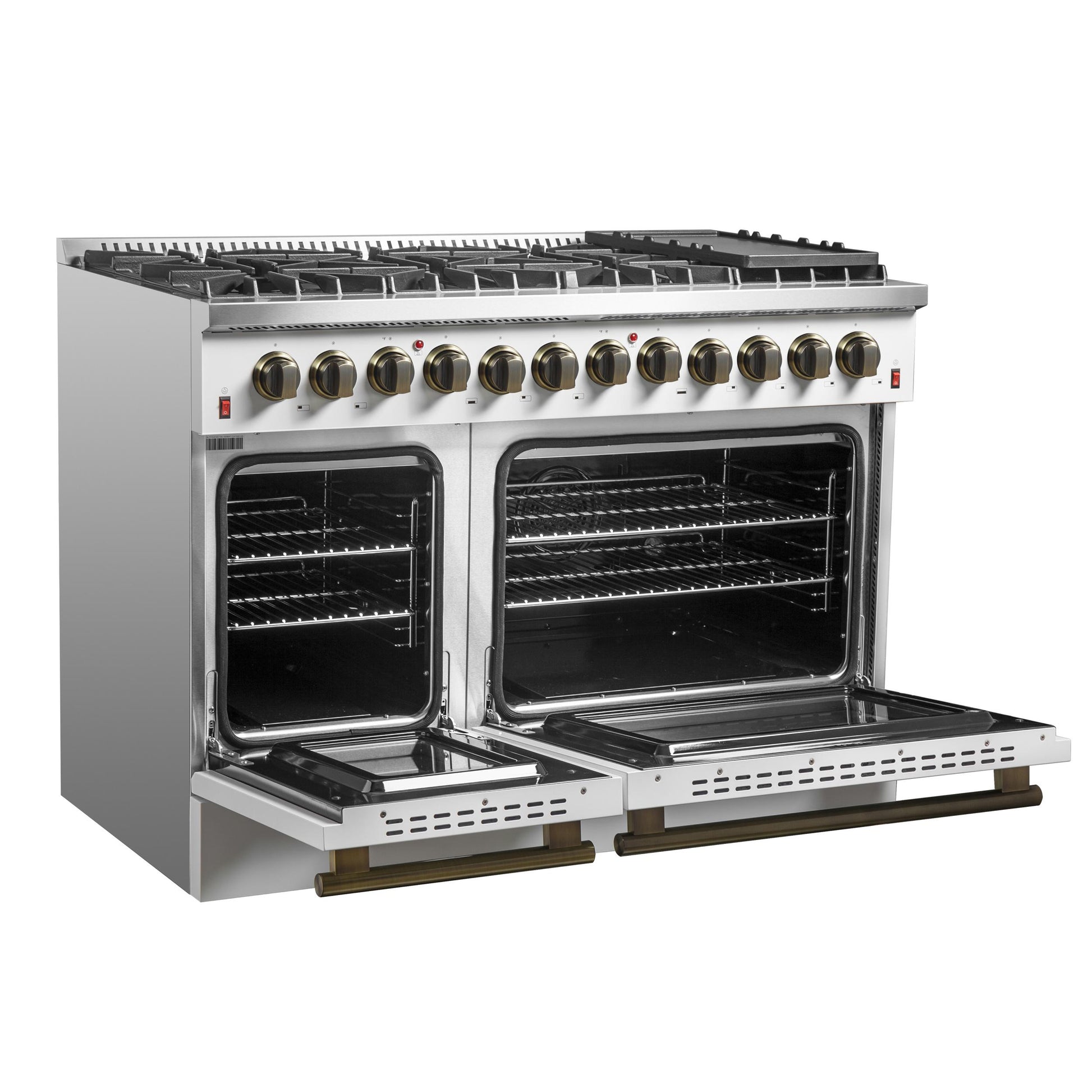 Forno FFSGS615648WHT Galiano 48-Inch Dual Fuel Range White & Antique Brass Design With 8 Sealed Burners 107,000 Btu, 6.58 Cu. Ft. Double Ovens & Griddle