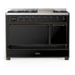 Ilve UM48FQNR3BKBLP Ilve Um48Fqnr3Bkblp Majestic Iii 48 Inch Dual Fuel Range With 8 Burners And Griddle, Dual Function Burner Up To 25,000 Btu (Liquid Propane, Solid Door, Glossy Black, Burnished)