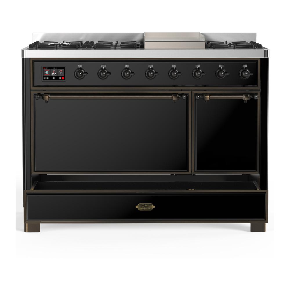 Ilve UM48FQNR3BKBLP Ilve Um48Fqnr3Bkblp Majestic Iii 48 Inch Dual Fuel Range With 8 Burners And Griddle, Dual Function Burner Up To 25,000 Btu (Liquid Propane, Solid Door, Glossy Black, Burnished)