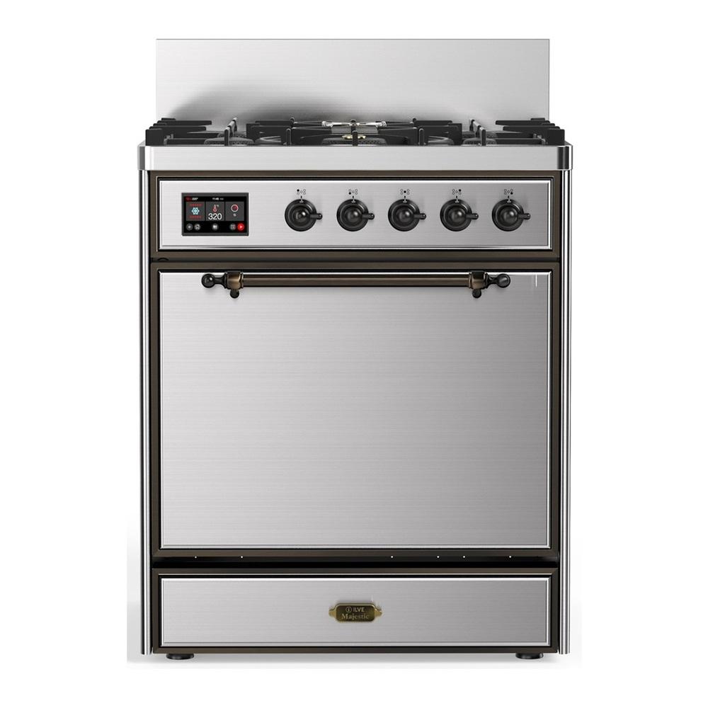 Ilve UM30QNR3SSBLP Ilve Um30Qnr3Ssblp Majestic Iii 30 Inch Dual Fuel Range With 5 Black Brass Burners, Dual Function Burner Up To 25,000 Btu (Liquid Propane, Solid Door, Stainless Steel, Burnished)
