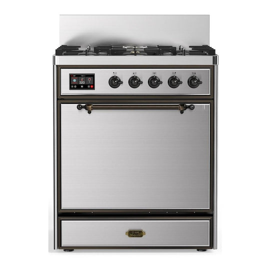 Ilve UM30QNR3SSBLP Ilve Um30Qnr3Ssblp Majestic Iii 30 Inch Dual Fuel Range With 5 Black Brass Burners, Dual Function Burner Up To 25,000 Btu (Liquid Propane, Solid Door, Stainless Steel, Burnished)