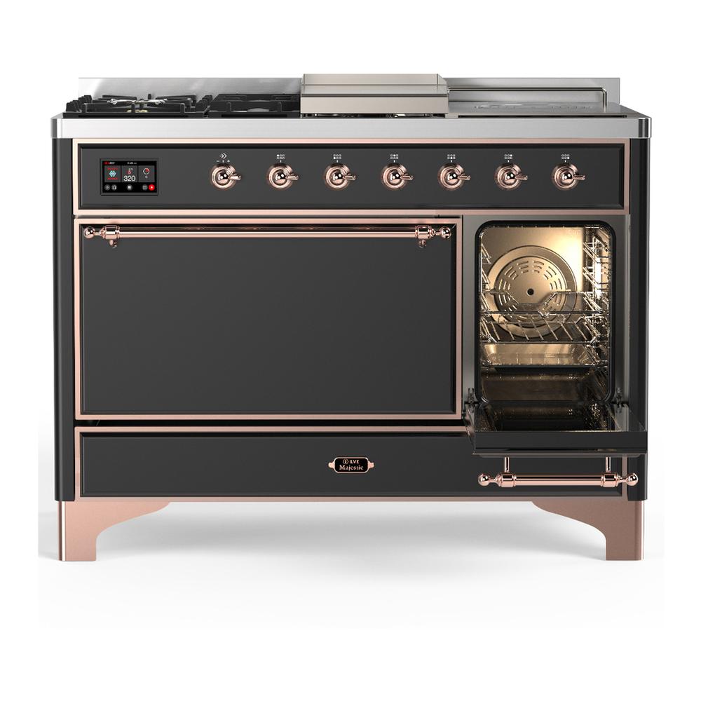 Ilve UM48FSQNR3MGPLP Ilve Um48Fsqnr3Mgplp Majestic Iii 48 Inch Dual Fuel Range With 5 Black Brass Burners, Griddle And French Top, Dual Function Burner Up To 25,000 Btu (Liquid Propane, Solid Door, Graphite Matte, Copper)