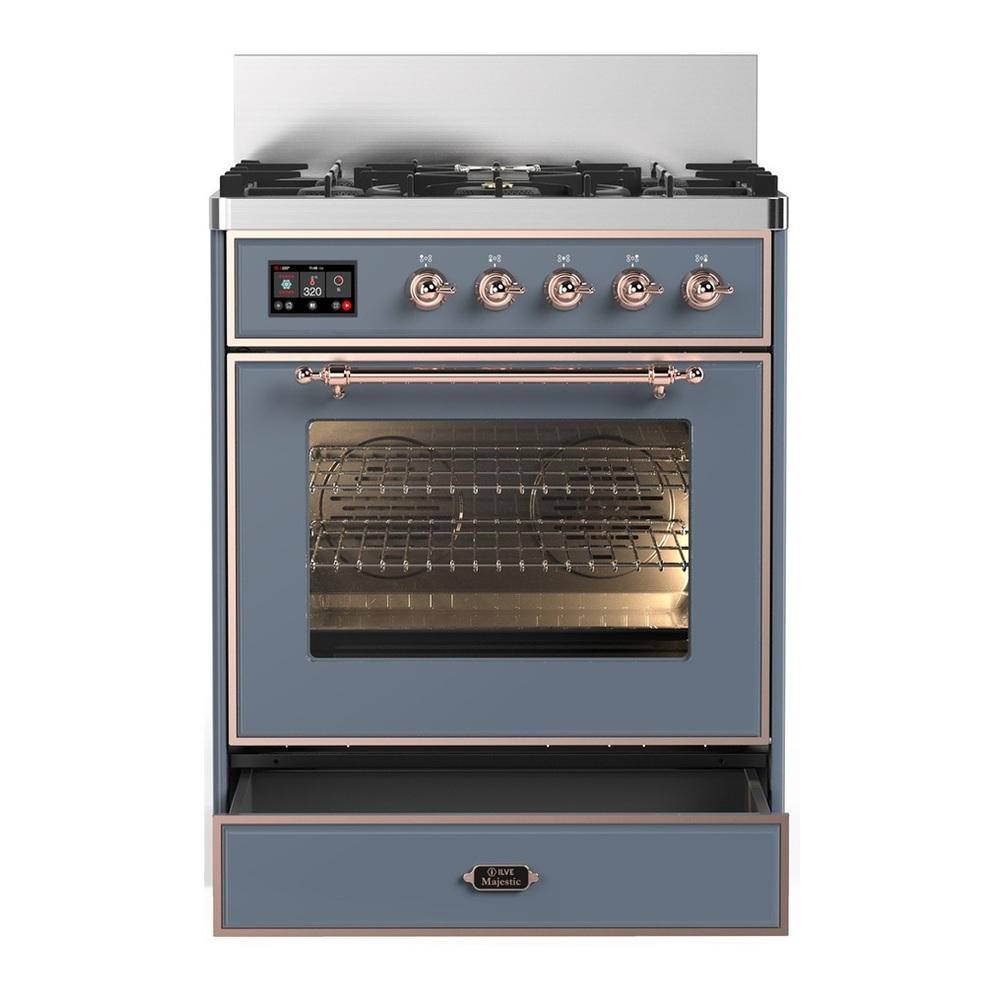 Ilve UM30NR3BGP Ilve Um30Nr3Bgp Majestic Iii 30 Inch Dual Fuel Range With 5 Black Brass Burners, Dual Function Burner Up To 25,000 Btu (Natural Gas, Triple Glass Door, Blue Grey, Copper)