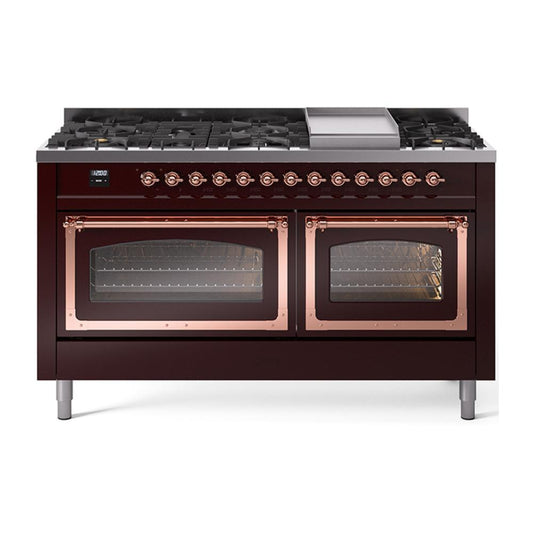 Ilve UN60FNMPBUP Ilve Un60Fnmpbup Nostalgie Ii Noblesse 60" Dual Fuel Range (9 Sealed Burners + Griddle, Natural Gas, Triple Glass Door, Burgundy, Copper)
