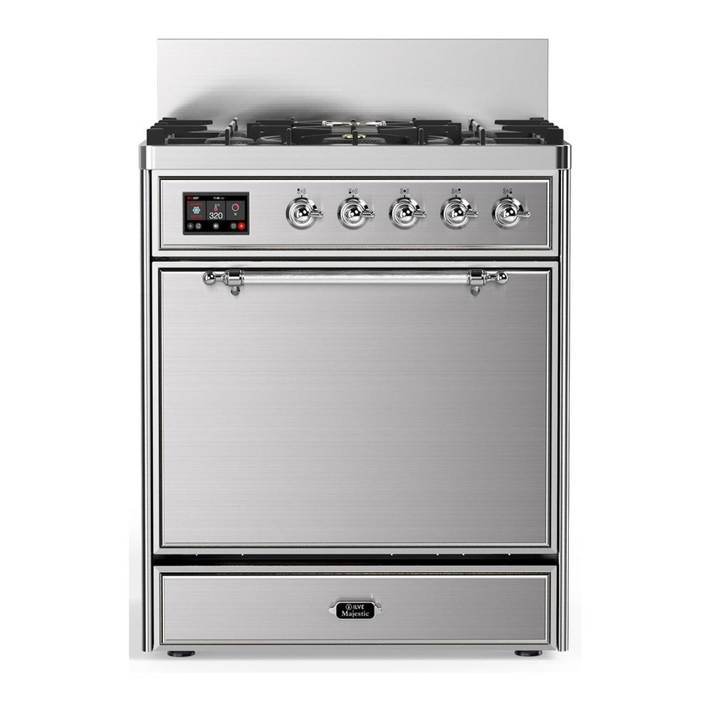 Ilve UM30QNR3SSCLP Ilve Um30Qnr3Ssclp Majestic Iii 30 Inch Dual Fuel Range With 5 Black Brass Burners, Dual Function Burner Up To 25,000 Btu (Liquid Propane, Solid Door, Stainless Steel, Chrome)