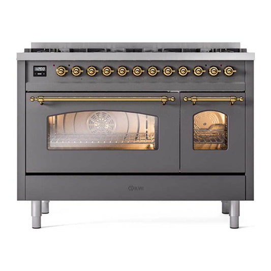 Ilve UP488NMPMGG Ilve Up488Nmpmgg Nostalgie Ii 48 Inch Dual Fuel Range With 8 Total Black Brass Sealed Burners, Brass Trim (Limited Edition) (Natural Gas, Graphite Matte)
