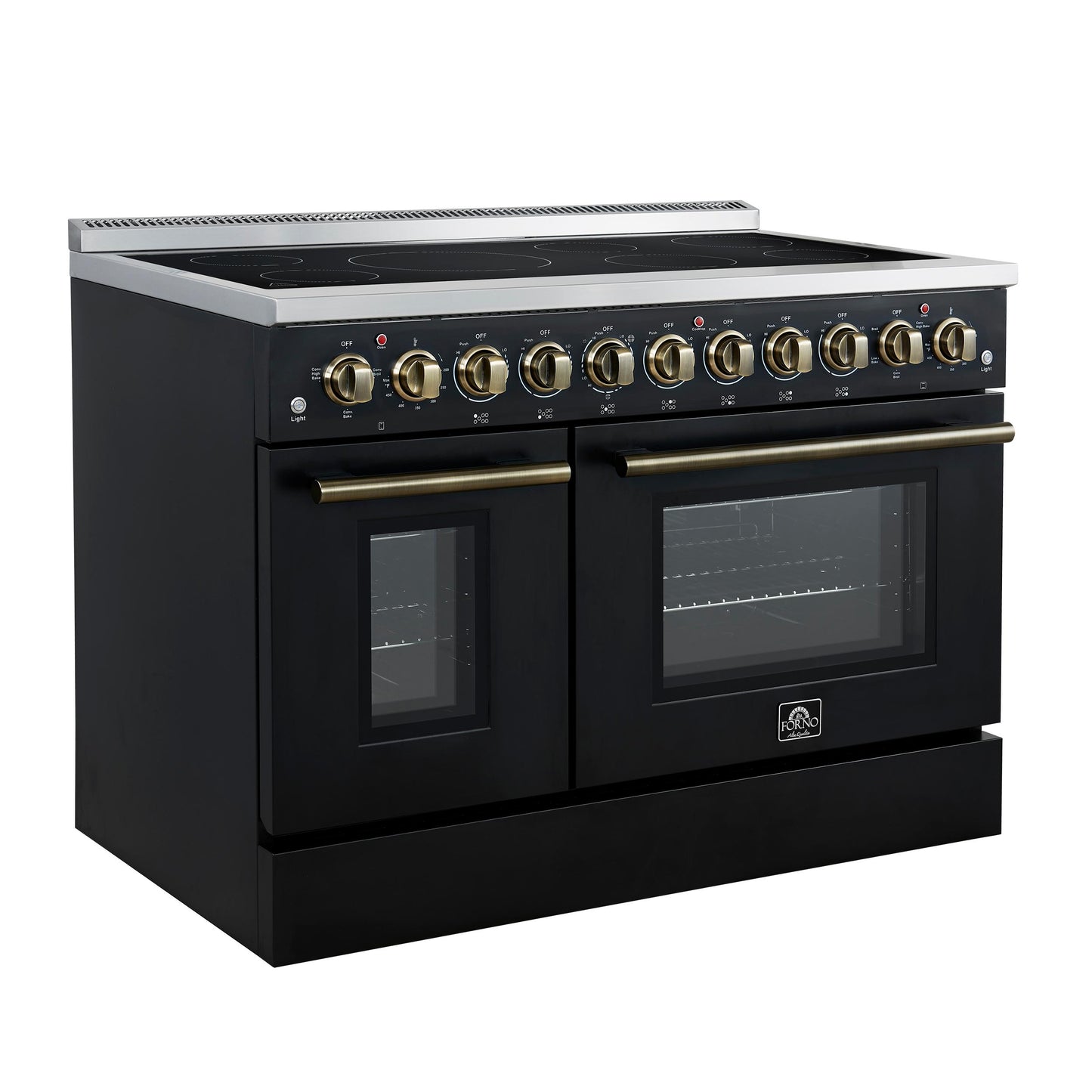 Forno FFSEL601148BLK Forno Paolo 48 Inch Freestanding Electric Range In Black With Antique Brass, 6.7 Cu.Ft, True Convection Oven, Energy Efficient