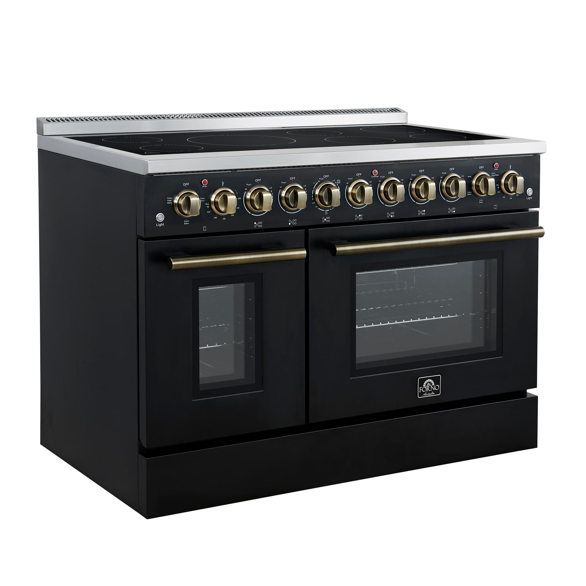 Forno FFSEL601148BLK Forno Paolo 48 Inch Freestanding Electric Range In Black With Antique Brass, 6.7 Cu.Ft, True Convection Oven, Energy Efficient