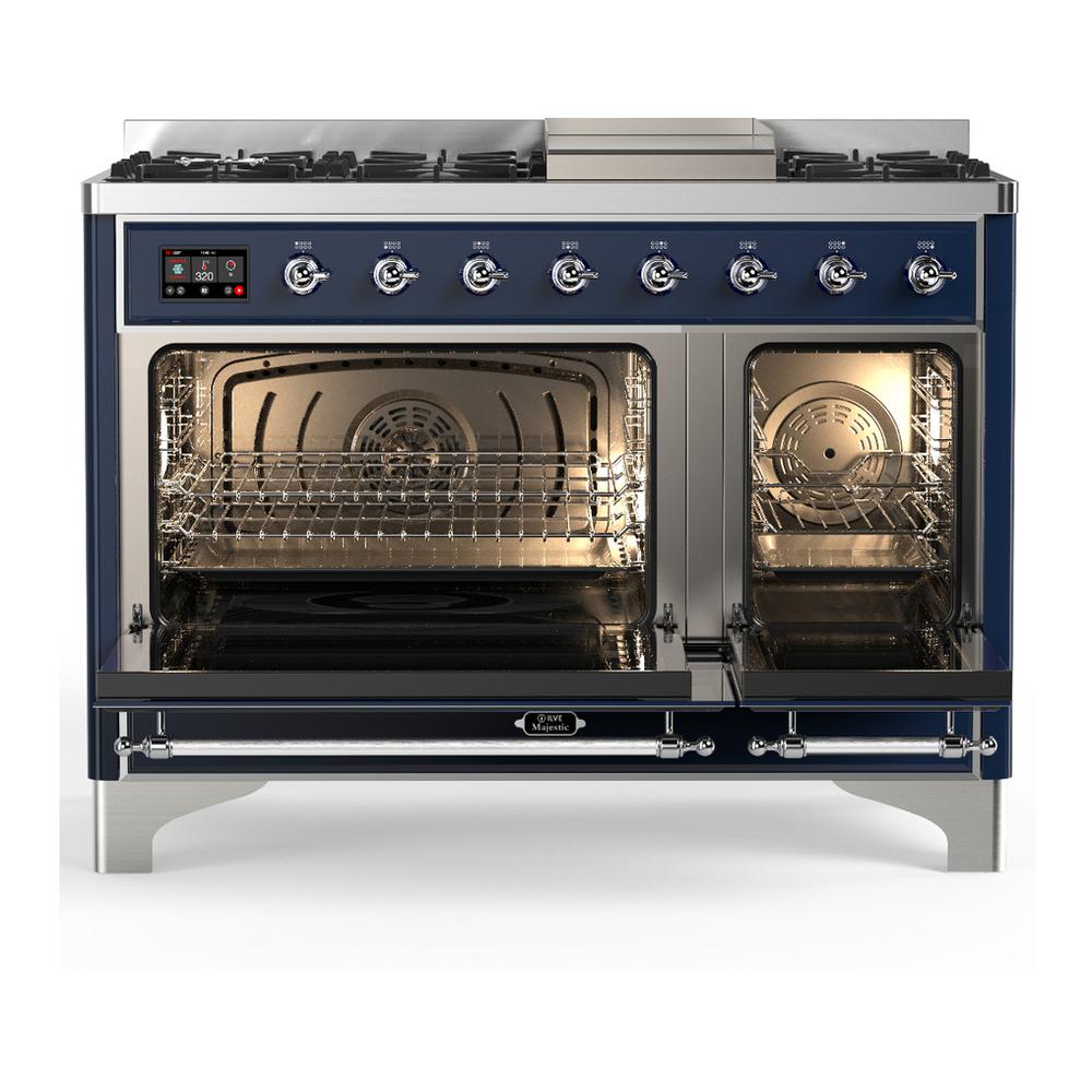 Ilve UM48FNR3MBCLP Ilve Um48Fnr3Mbclp Majestic Iii 48 Inch Dual Fuel Range With 8 Burners And Griddle, Dual Function Burner Up To 25,000 Btu (Liquid Propane, Triple Glass Door, Midnight Blue, Chrome)