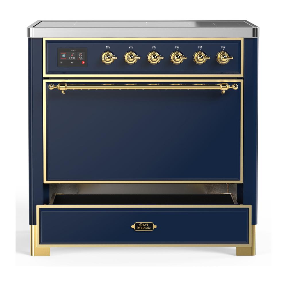 Ilve UMIB36QNR3MBG Ilve Umib36Qnr3Mbg Majestic Iii 36 Inch Induction Range With 6 Elements, 3.5 Cu. Ft. Total Oven Capacity (Solid Door, Midnight Blue, Brass)