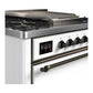 Ilve UM36FQNR3WHB Ilve Um36Fqnr3Whb Majestic Iii 36 Inch Dual Fuel Range With 6 Black Brass Burners And Griddle, Dual Function Burner Up To 25,000 Btu (Solid Door, White, Burnished, Natural Gas)