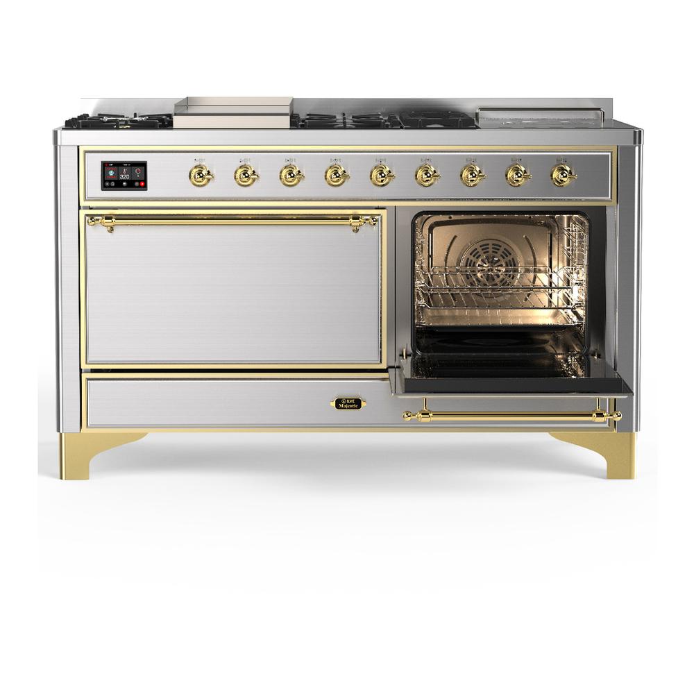 Ilve UM60FSQNR3SSG Ilve Um60Fsqnr3Ssg Majestic Iii 60 Inch Dual Fuel Range With 7 Burners, Griddle And French Top, Dual Function Burner With Up To 25,000 Btu (Natural Gas, Solid Door, Stainless Steel, Brass)