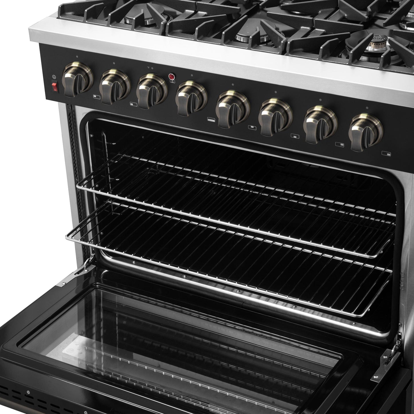 Forno FFSGS615636BLK Forno Galiano 36-Inch Dual Fuel Range In Black & Antique Brass Design, 6 Sealed Burners 83,000 Btu, 5.36 Cu.Ft. True Convection Oven