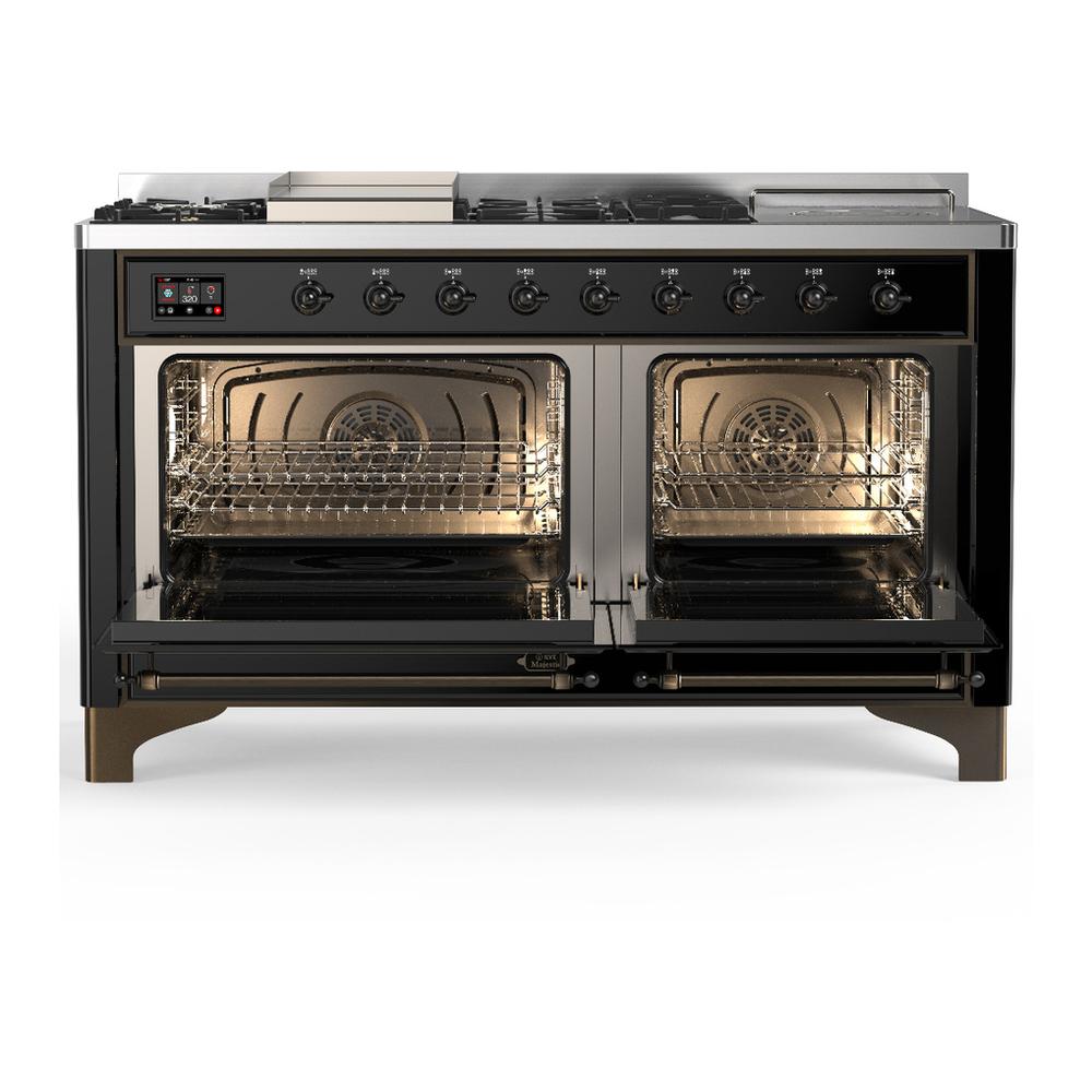 Ilve UM60FSQNR3BKB Ilve Um60Fsqnr3Bkb Majestic Iii 60 Inch Dual Fuel Range With 7 Burners, Griddle And French Top, Dual Function Burner With Up To 25,000 Btu (Natural Gas, Solid Door, Glossy Black, Burnished)