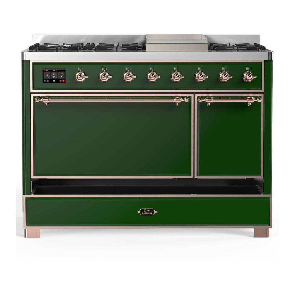 Ilve UM48FQNR3EGP Ilve Um48Fqnr3Egp Majestic Iii 48 Inch Dual Fuel Range With 8 Burners And Griddle, Dual Function Burner Up To 25,000 Btu (Natural Gas, Solid Door, Emerald Green, Copper)