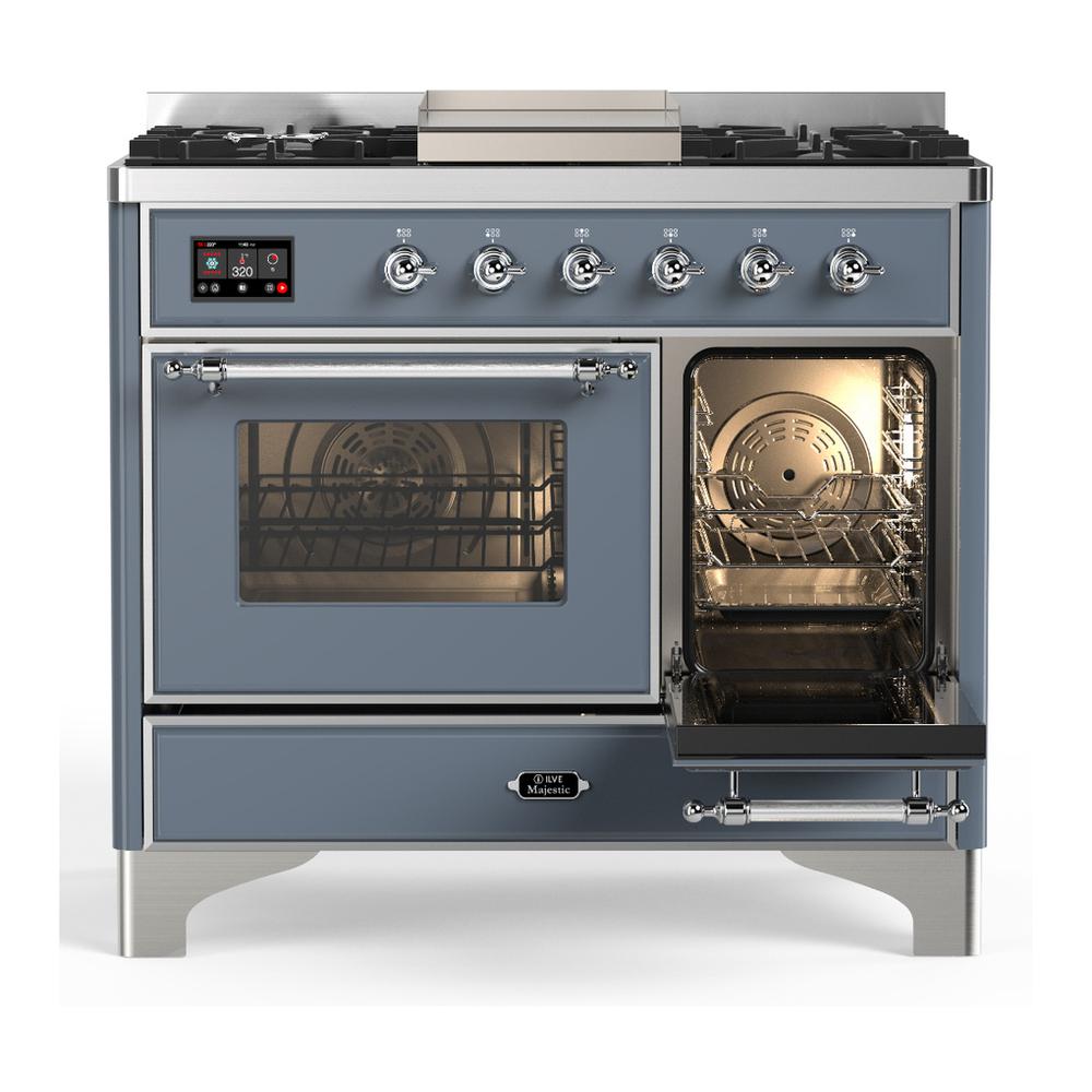 Ilve UMD40FNR3BGCLP Ilve Umd40Fnr3Bgclp Majestic Iii 40 Inch Dual Fuel Range With 6 Burners And Griddle, Dual Function Burner Up To 25,000 Btu (Liquid Propane, Triple Glass Door, Blue Grey, Chrome)