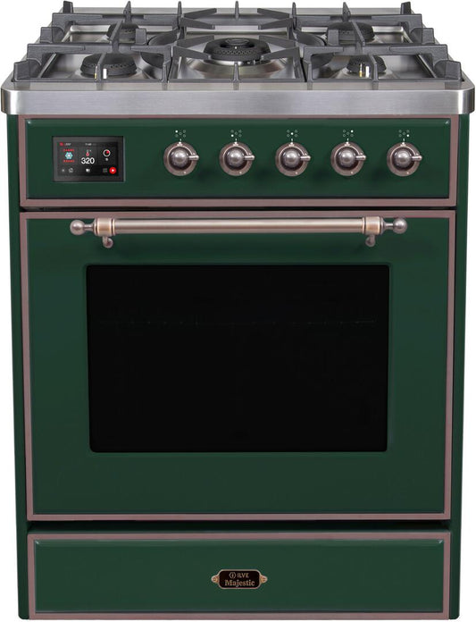 Ilve UM30DNE3EGB Majestic Ii 30 Inch Dual Fuel Natural Gas Freestanding Range In Emerald Green With Bronze Trim