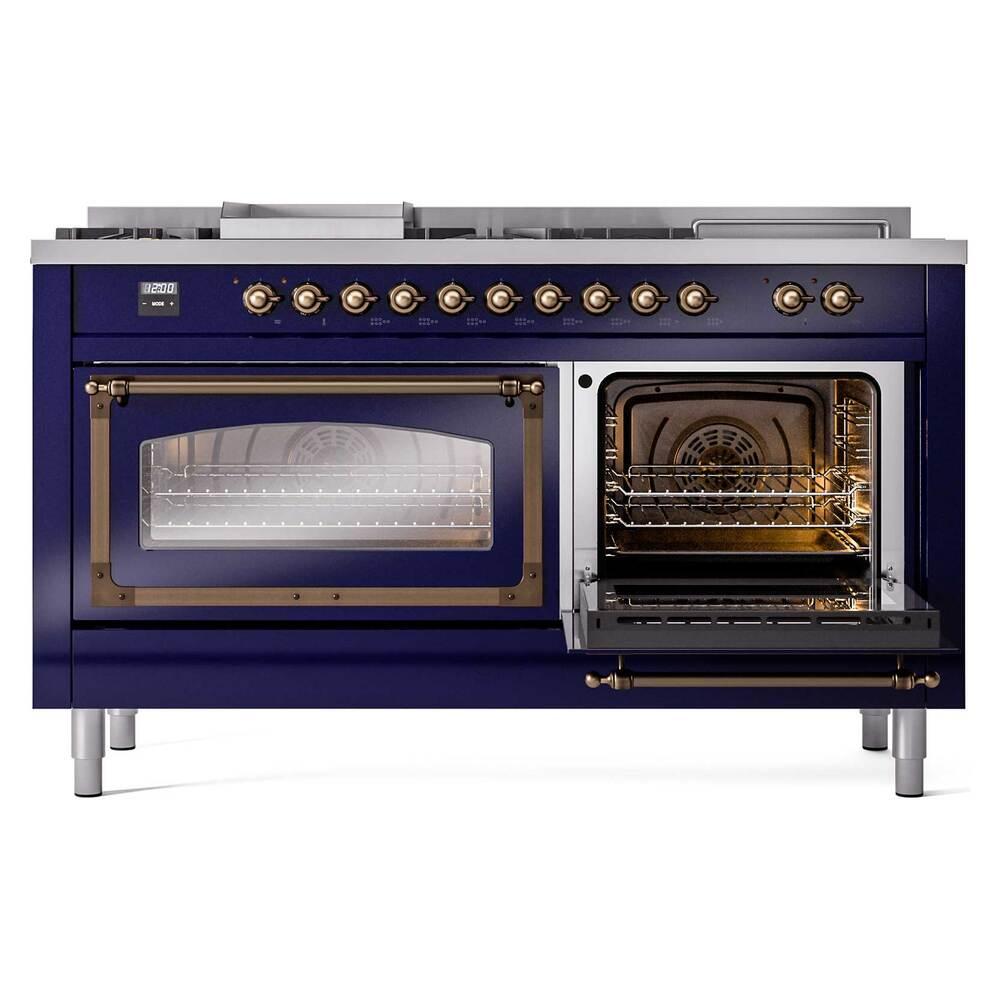 Ilve UN60FSNMPMBB Ilve Un60Fsnmpmbb Nostalgie Ii Noblesse 60" Dual Fuel Range (7 Sealed Burners + Griddle + French Top, Natural Gas, Triple Glass Door, Midnight Blue, Burnished)