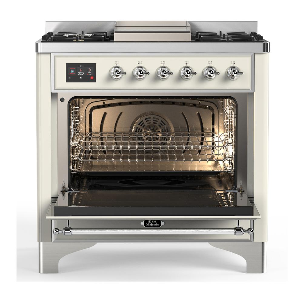 Ilve UM36FQNR3AWC Ilve Um36Fqnr3Awc Majestic Iii 36 Inch Dual Fuel Range With 6 Black Brass Burners And Griddle, Dual Function Burner Up To 25,000 Btu (Solid Door, Antique White, Chrome, Natural Gas)