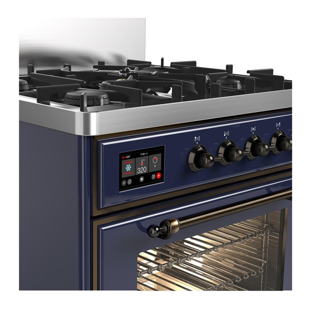 Ilve UM30NR3MBB Ilve Um30Nr3Mbb Majestic Iii 30 Inch Dual Fuel Range With 5 Black Brass Burners, Dual Function Burner Up To 25,000 Btu (Natural Gas, Triple Glass Door, Midnight Blue, Burnished)