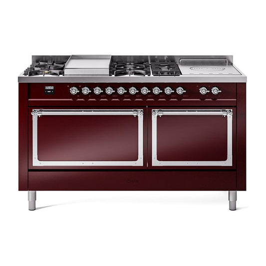 Ilve UN60FSQNMPBUCLP Ilve Un60Fsqnmpbuclp Nostalgie Ii Noblesse 60" Dual Fuel Range (7 Sealed Burners + Griddle + French Top, Liquid Propane, Solid Door, Burgundy, Chrome)