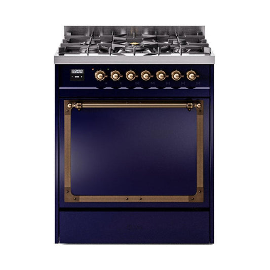 Ilve UN30QNMPMBB Ilve Un30Qnmpmbb Nostalgie Ii Noblesse 30" Dual Fuel Range (Natural Gas, Solid Door, Midnight Blue, Burnished)