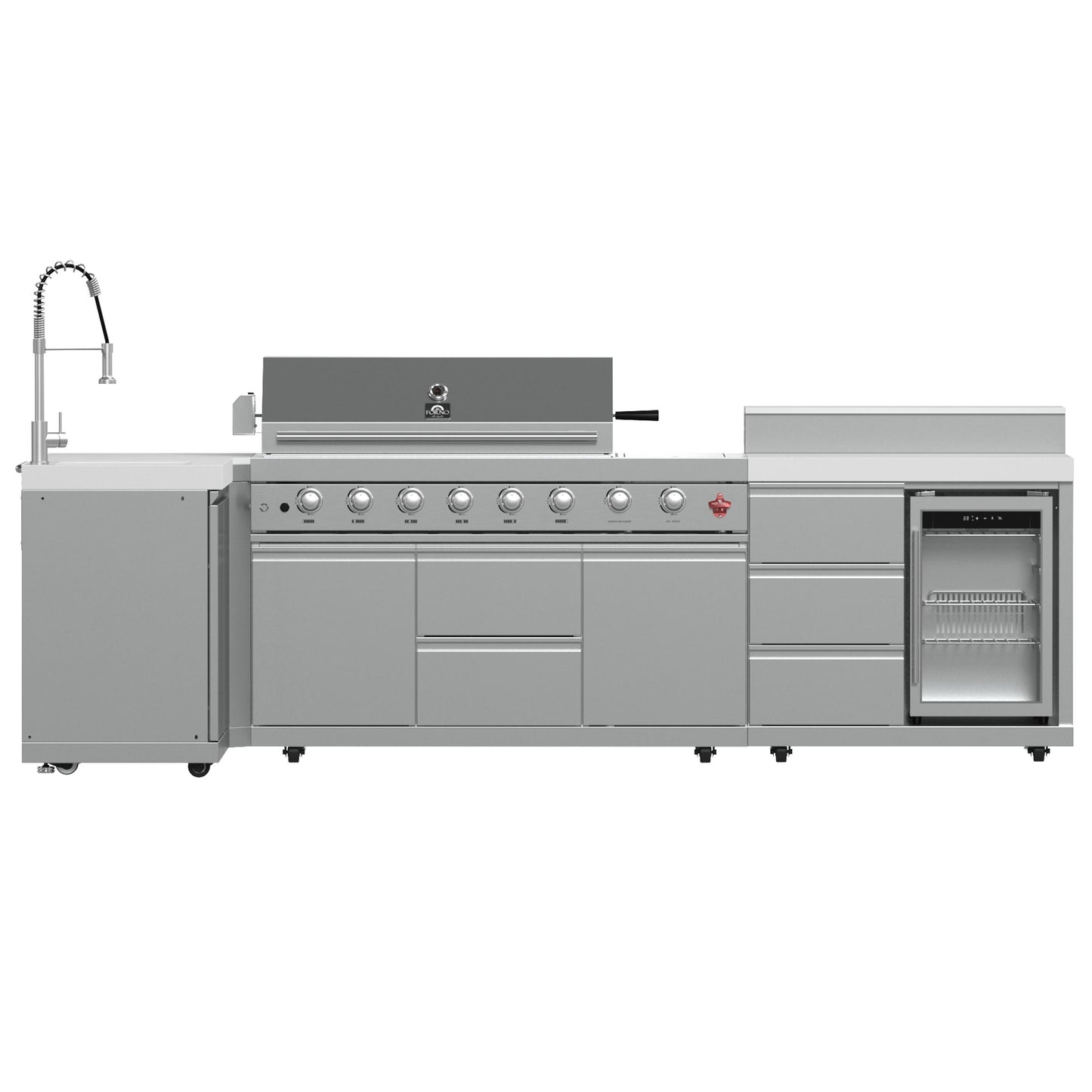 Forno FODKT2520WHT Forno Bulnes 40-Inch Bbq, 95,000 Btu, 5 Burners, Sear & Rotisserie Infrared With Side Burner, Stainless Steel Outdoor Kitchen With 1.8 Cu.Ft. Beverage Center & White Sintered Stone Countertops