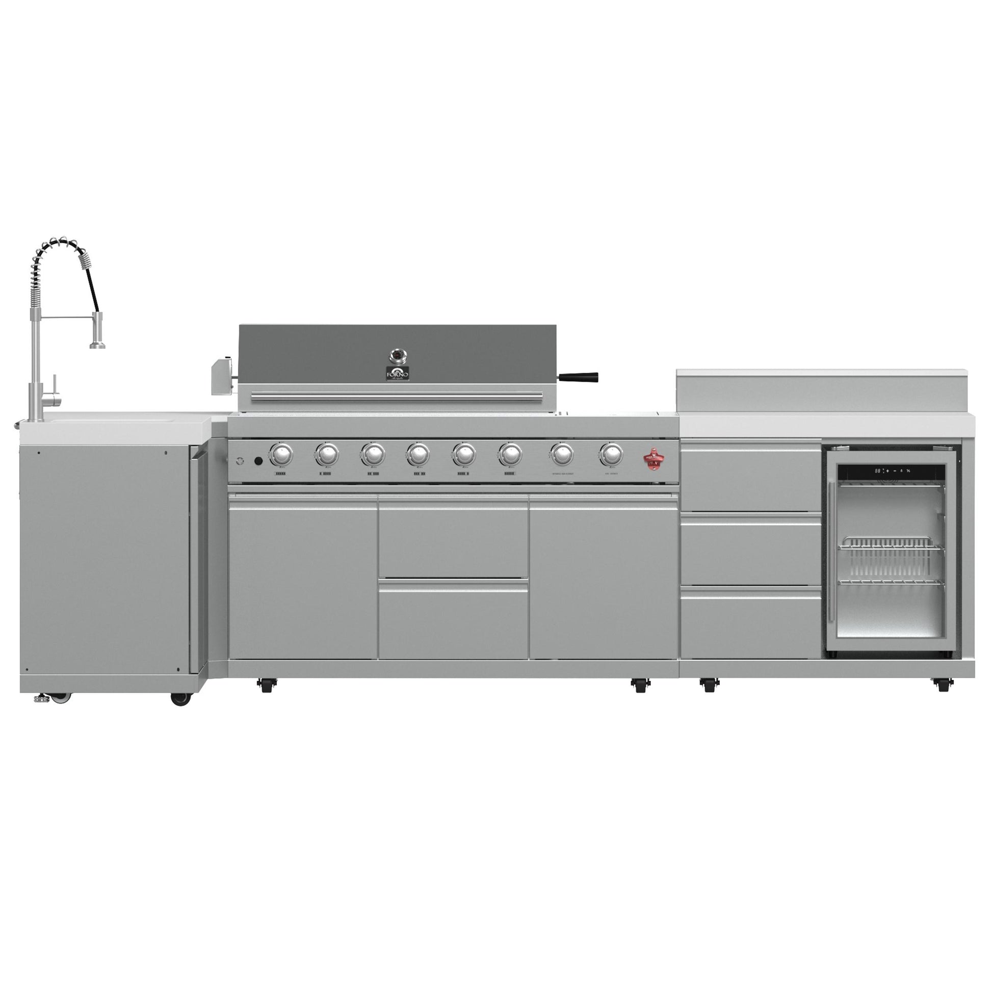 Forno FODKT2520WHT Forno Bulnes 40-Inch Bbq, 95,000 Btu, 5 Burners, Sear & Rotisserie Infrared With Side Burner, Stainless Steel Outdoor Kitchen With 1.8 Cu.Ft. Beverage Center & White Sintered Stone Countertops