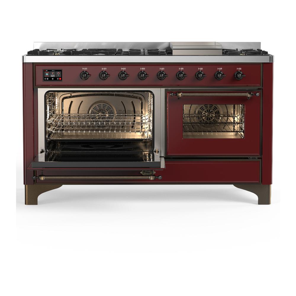 Ilve UM60FNR3BUBLP Ilve Um60Fnr3Bublp Majestic Iii 60 Inch Dual Fuel Range With 9 Burners And Griddle, Dual Function Burner Up To 25,000 Btu (Liquid Propane, Triple Glass Door, Burgundy, Burnished)