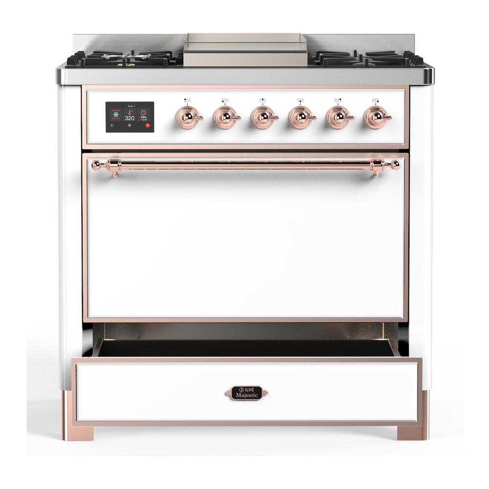 Ilve UM36FQNR3WHPLP Ilve Um36Fqnr3Whplp Majestic Iii 36 Inch Dual Fuel Range With 6 Black Brass Burners And Griddle, Dual Function Burner Up To 25,000 Btu (Solid Door, White, Copper, Liquid Propane)