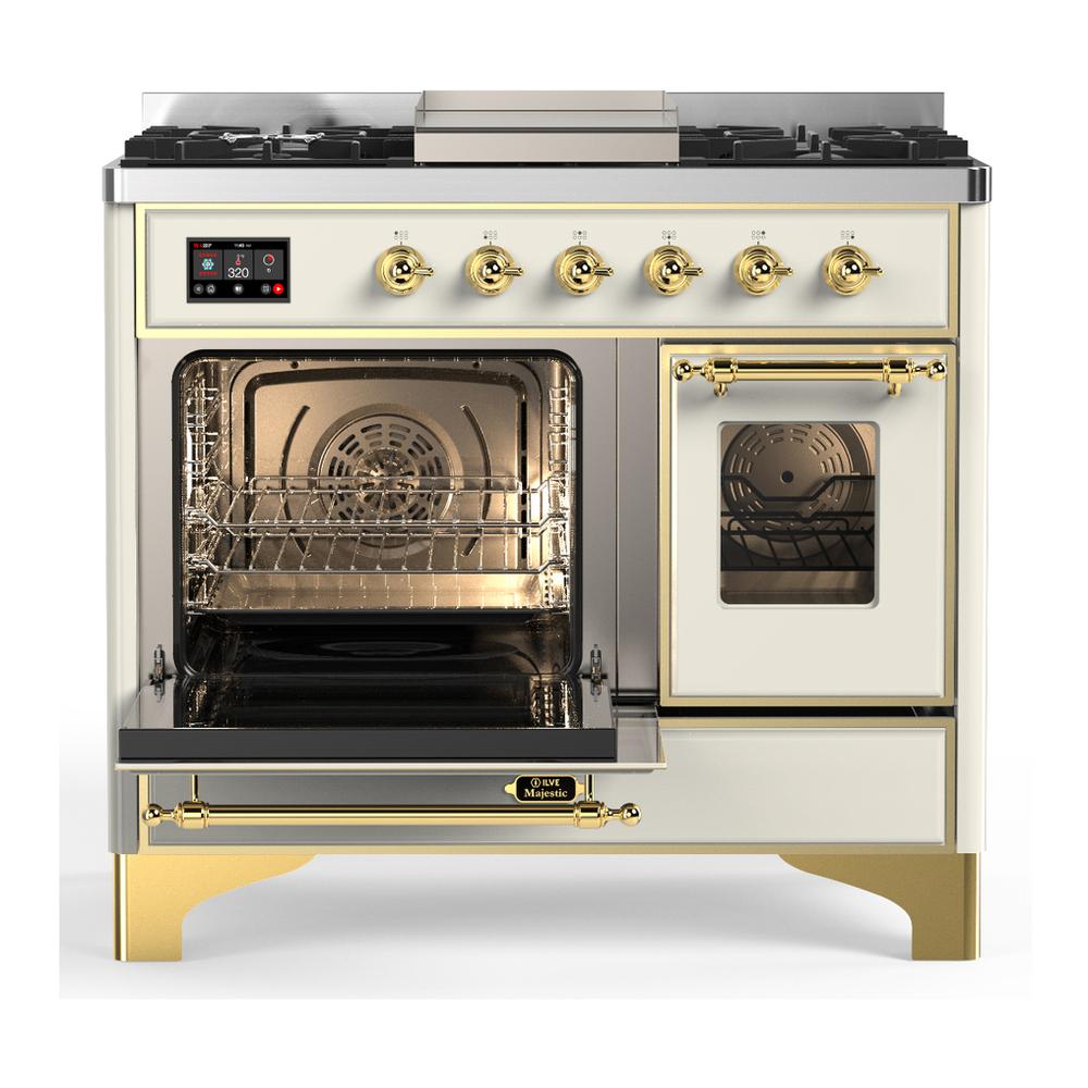 Ilve UMD40FNR3AWGLP Ilve Umd40Fnr3Awglp Majestic Iii 40 Inch Dual Fuel Range With 6 Burners And Griddle, Dual Function Burner Up To 25,000 Btu (Liquid Propane, Triple Glass Door, Antique White, Brass)