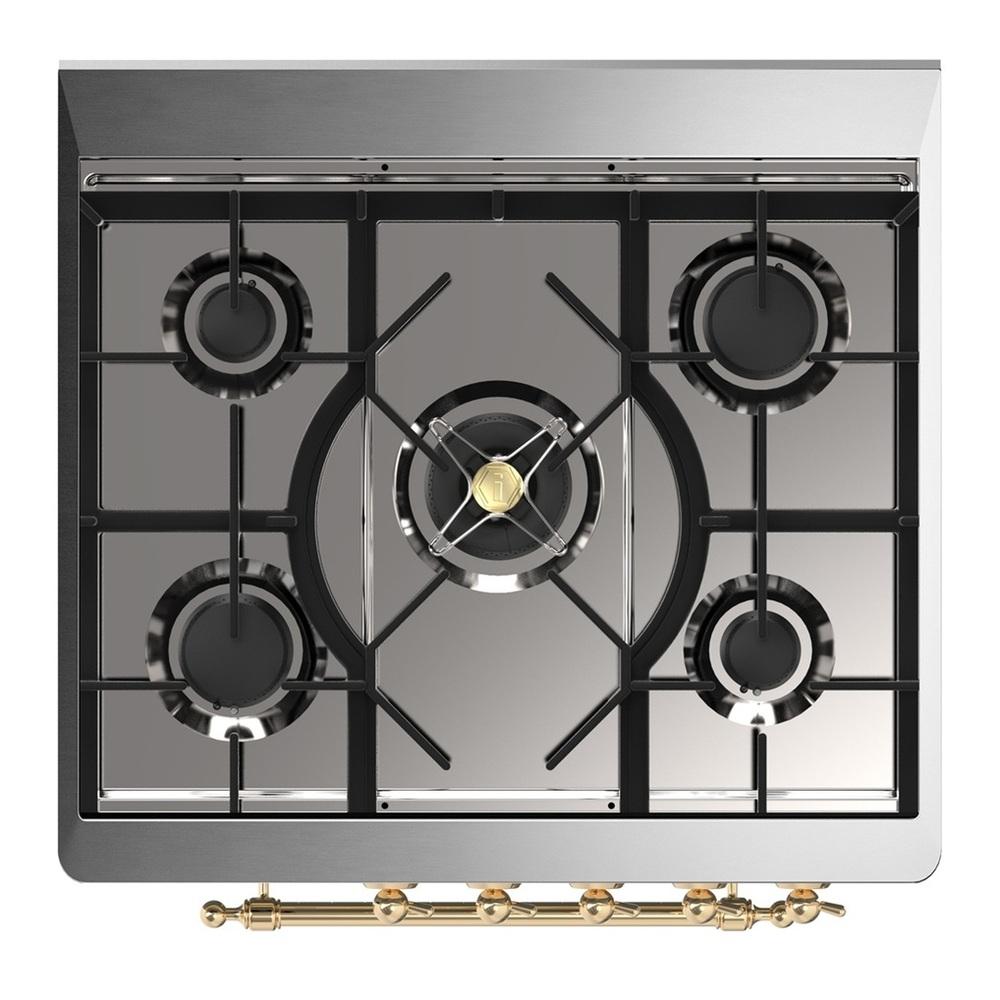 Ilve UM30QNR3EGGLP Ilve Um30Qnr3Egglp Majestic Iii 30 Inch Dual Fuel Range With 5 Black Brass Burners, Dual Function Burner Up To 25,000 Btu (Liquid Propane, Solid Door, Emerald Green, Brass)