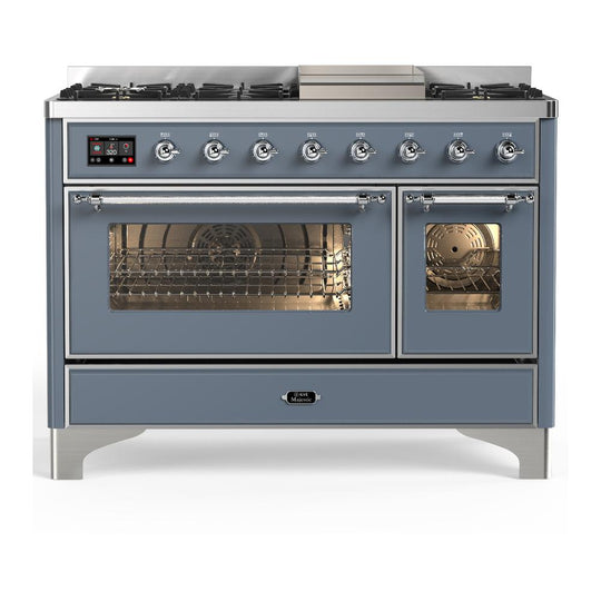 Ilve UM48FNR3BGC Ilve Um48Fnr3Bgc Majestic Iii 48 Inch Dual Fuel Range With 8 Burners And Griddle, Dual Function Burner Up To 25,000 Btu (Natural Gas, Triple Glass Door, Blue Grey, Chrome)