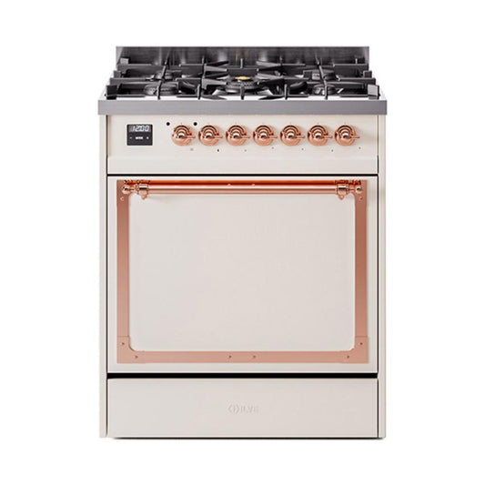 Ilve UN30QNMPAWP Ilve Un30Qnmpawp Nostalgie Ii Noblesse 30" Dual Fuel Range (Natural Gas, Solid Door, Antique White, Copper)