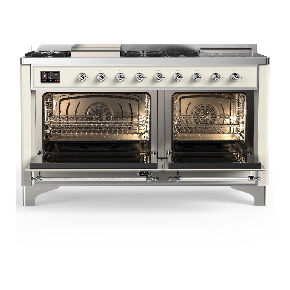 Ilve UM60FSQNR3AWC Ilve Um60Fsqnr3Awc Majestic Iii 60 Inch Dual Fuel Range With 7 Burners, Griddle And French Top, Dual Function Burner With Up To 25,000 Btu (Natural Gas, Solid Door, Antique White, Chrome)