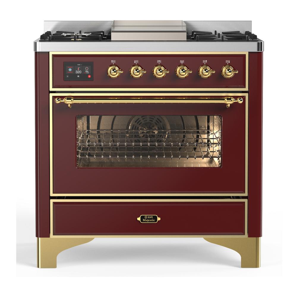 Ilve UM36FNR3BUGLP Ilve Um36Fnr3Buglp Majestic Iii 36 Inch Dual Fuel Range With 6 Black Brass Burners And Griddle, Dual Function Burner Up To 25,000 Btu (Triple Glass Door, Burgundy, Brass, Liquid Propane)