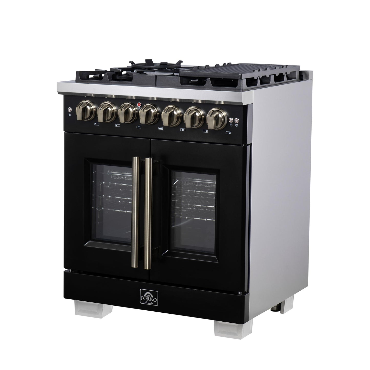 Forno FFSGS638730BLK Forno Capriasca 30-Inch Freestanding French Door Dual Fuel Range In Black With Antique Brass Accessories, 5 Burners, True Convection Oven
