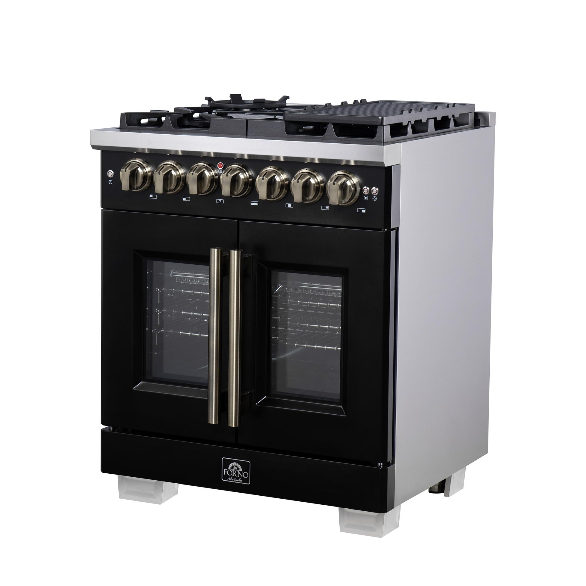 Forno FFSGS638730BLK Forno Capriasca 30-Inch Freestanding French Door Dual Fuel Range In Black With Antique Brass Accessories, 5 Burners, True Convection Oven